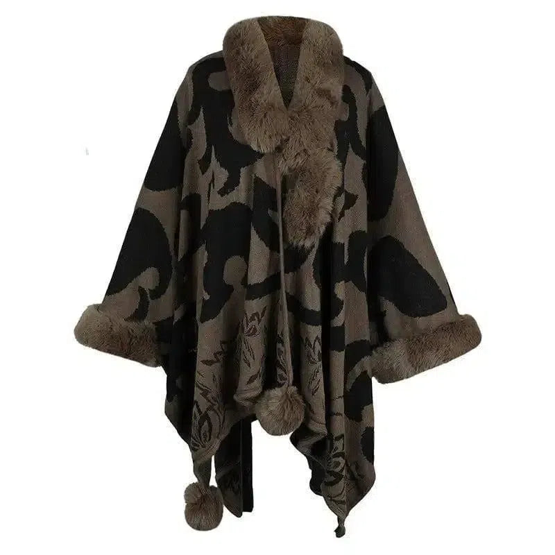 Women's Fur Collar Thickened Warm Shawl-Coffee-7