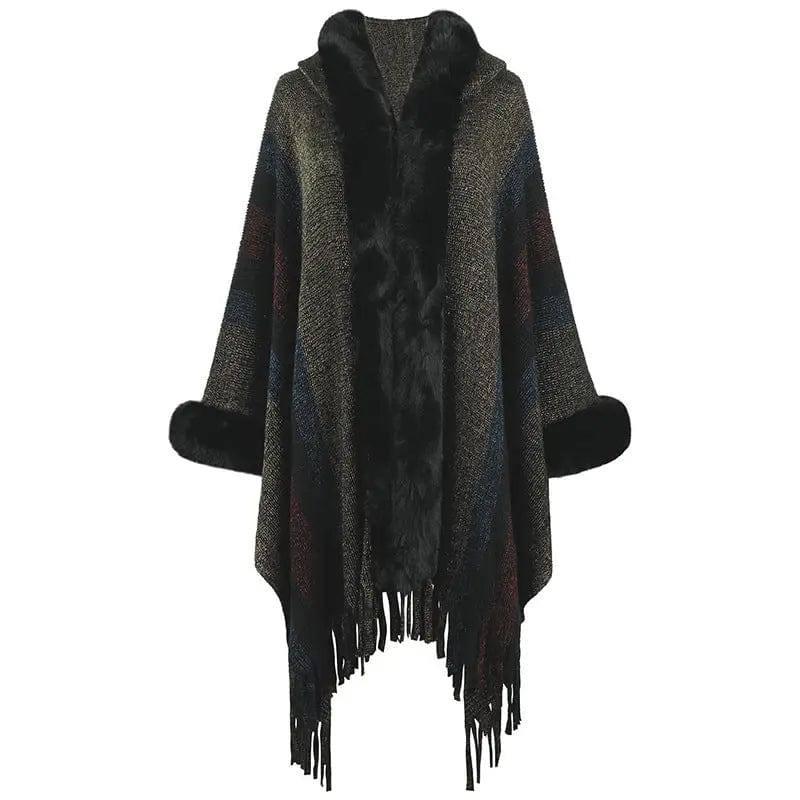 Women's Hooded Cape Autumn And Winter Striped-Black-6