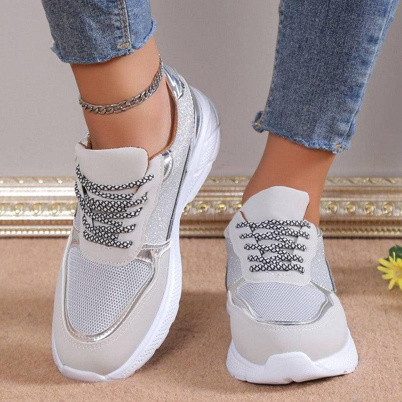 Women's Lace Up Sneakers Breathable Flat Shoes Fashion Casual Lightweight Running Sports Shoes-3