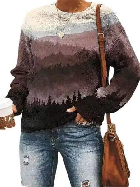 Women's Landscape Floral Print Long Sleeve Pullover-6