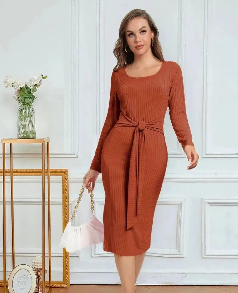 Women's Long Sleeve Tie Split Pit Stripe Midi Dresses-Amber-3