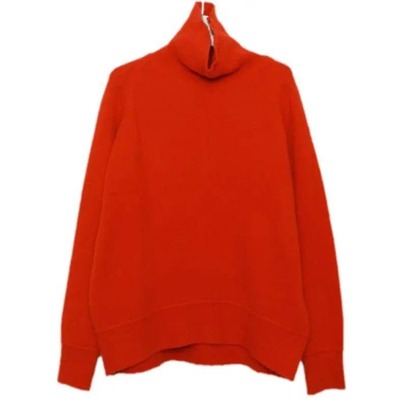 Women's loose knit sweater turtleneck sweater-Red-5