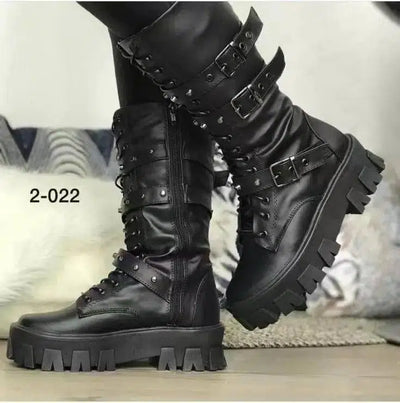 Women's Martin Boots Lace Up Combat Boot Mid Calf Platform-Black-2