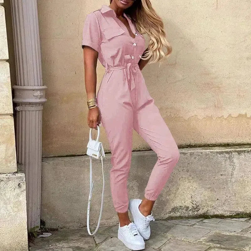 Women's Monochromatic Belt Workwear Jumpsuit, Casual Pants,-18