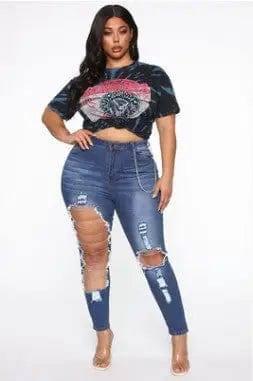 Women's Ripped Blue Jeans-Dark Blue-3