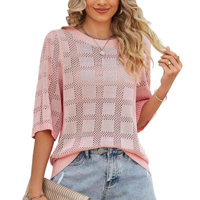 Women's Round Neck Hollowed Out Sun Protection Shirt Knitted-Pink-5