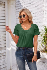 Women's Short-sleeved T-shirt Summer Button Square Collar Pleated Design Solid Color Loose T-shirt Womens Clothing-Green-5