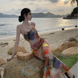 Women's Slim Retro Oil Painting Color Sling Dress-4