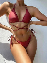 Women's Solid Color Bandage Split Swimsuit Bikini-8