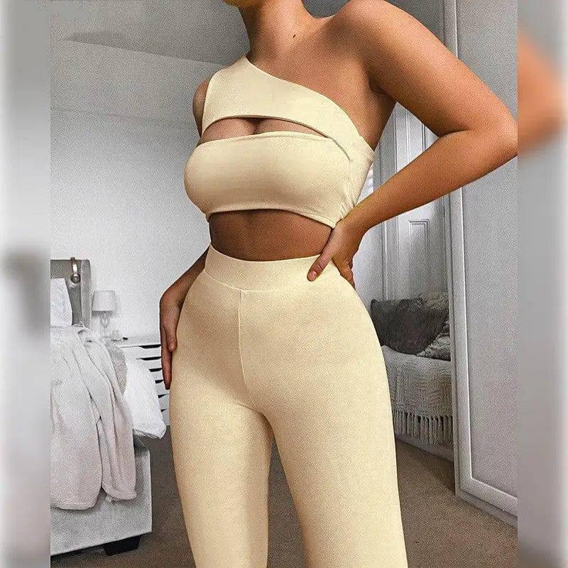 Women's Strapless Crop Tops Trousers Sports Outfits-Khaki-1