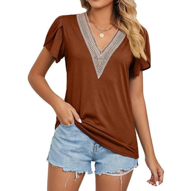 Women's Temperament Fashion Lace V-neck Short-sleeved Tops-Caramel-6