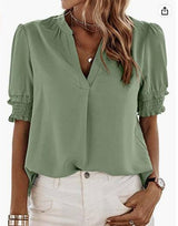 Women's V-neck Casual Short-sleeved Solid Color Chiffon-4