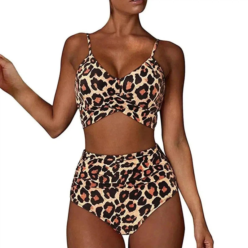 Women Soild Print Bikini Set Push Up Bathing Swimwear-Leopard-12