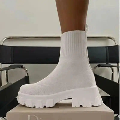 Women Sock Boots Platform Chunky Heels Shoes-White-1