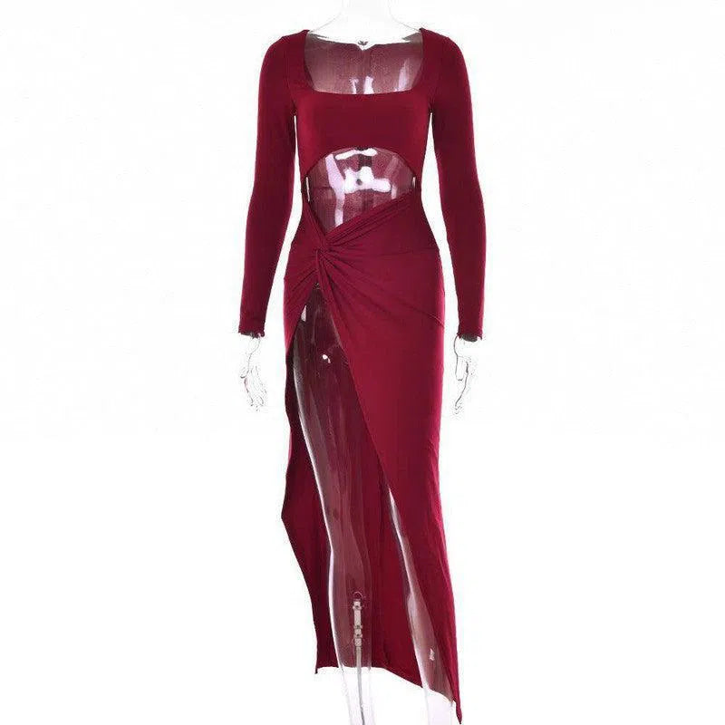 Womens Clothing Long Sleeve Dress Fashion Hollow U-neck Split Dress Party Wedding-Wine Red-9