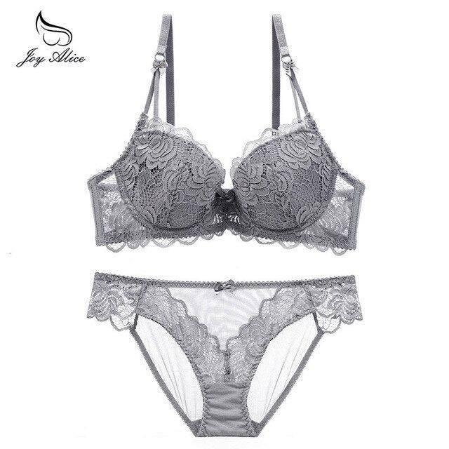 Womens Lace Bra Brief Sets Seamless Push up Bras White Black-grey-10