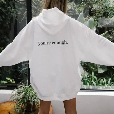 You're Enough Printed Back Casual Hooded Pocket Sweater-White black lettering-1