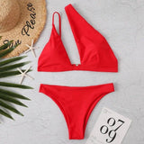 Solid Color One Shoulder Sexy Bikini-Red-3