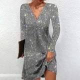 Silver sequin mini dress for women with long sleeves and deep V-neck — party outfit
