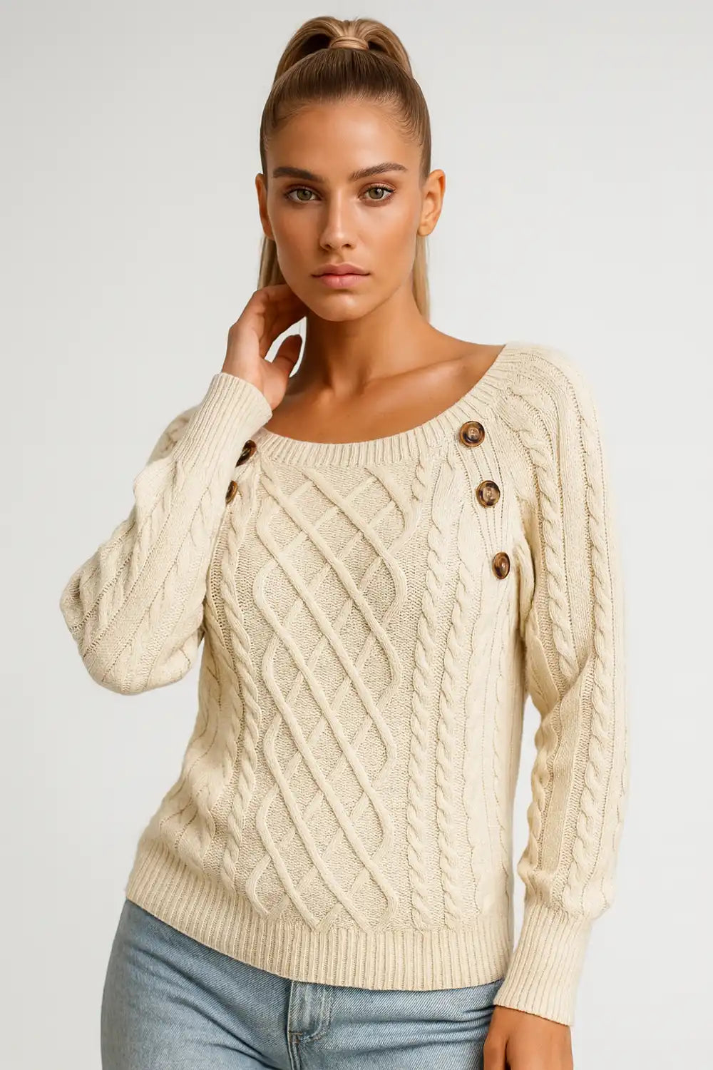 Women’s grey cable-knit sweater with button accents – warm casual pullover