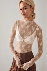 Elegant sheer white floral lace top for women