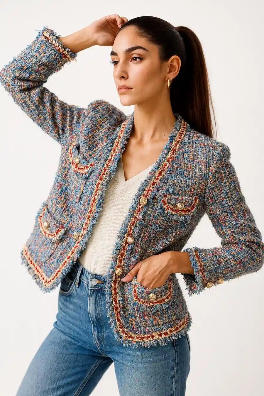 Women's Multicolor Tweed Jacket with Pearl Buttons – Elegant Cropped Blazer